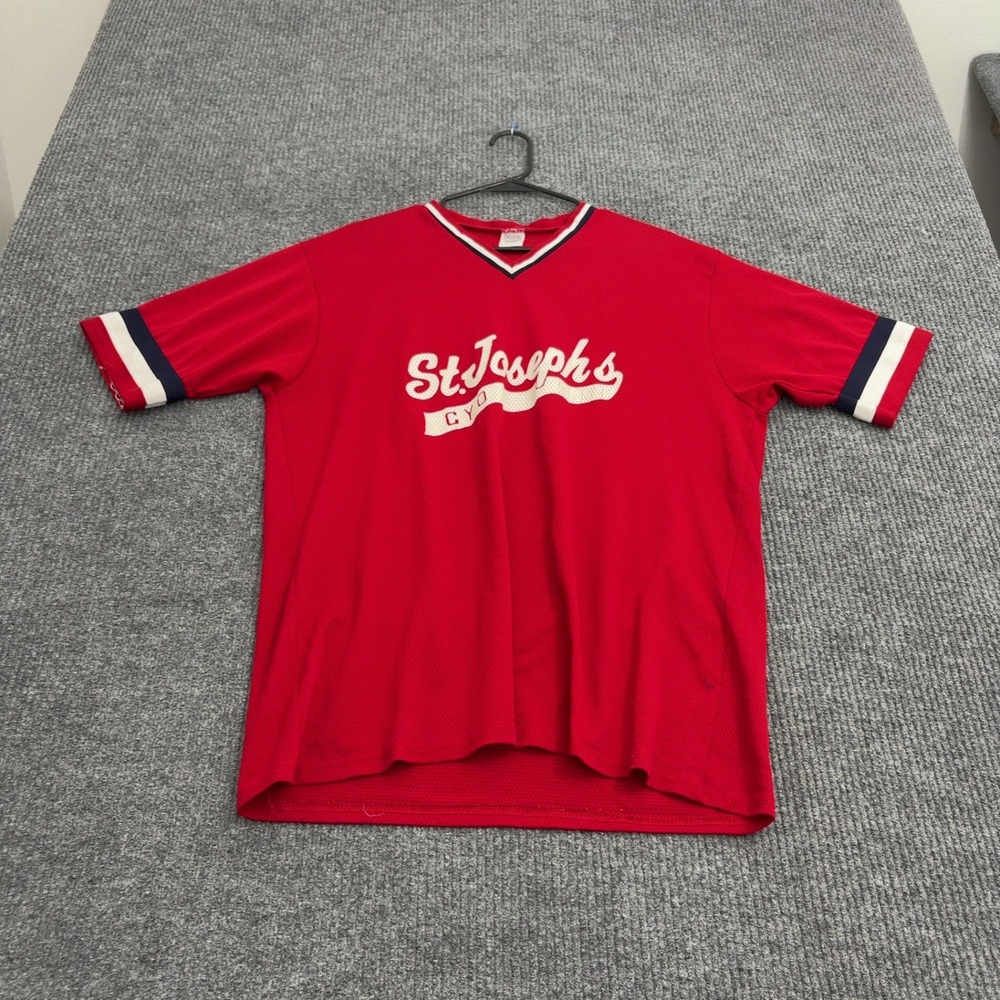 Vintage St Josephs CYO DeLONG Jersey Mens XL Red Mesh V Neck Sportswear Style